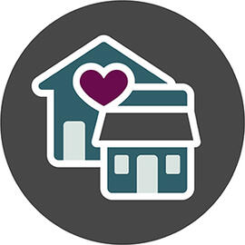 A teal house is connected to a teal storefront by a cherry heart on a grey background.